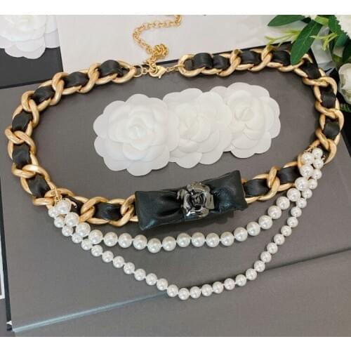 Vintage 2021 Runway Handcraft lady Camellia Flower Belt Waistband Decorative Pearl Sheepskin Weaving Luxury Waist Chain