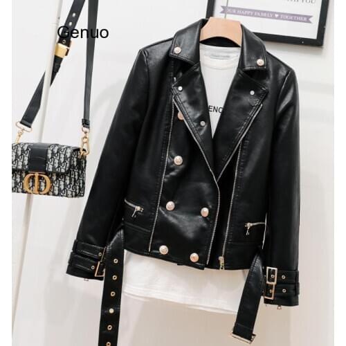 Fashion Zipper Stitching Pu Leather Jacket Female Locomotive Style Double Breasted Pu Leather Outerwear Leather Jackets