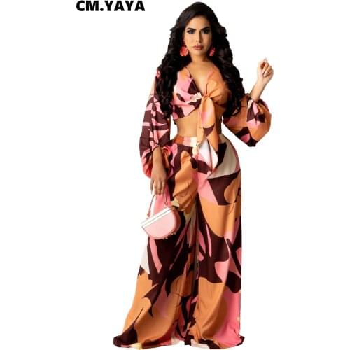 CM.YAYA Women Set Print Full Lantern Sleeve Bandage V-neck Crop Tops Wide Leg Pants Two 2 Piece Sets Fashion Outfits Autumn 2021