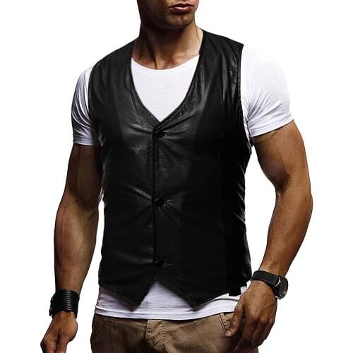 Good Quality 2020 New Mens PU Leather Vest Solid Color Fashion Casual Vest Single Breasted Large Size Shiny PU Leather Vest