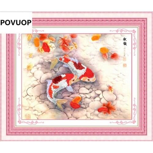 POVUOP 3d ribbon embroidery 47X60cm pisces lucky paintings intergards cross stitch