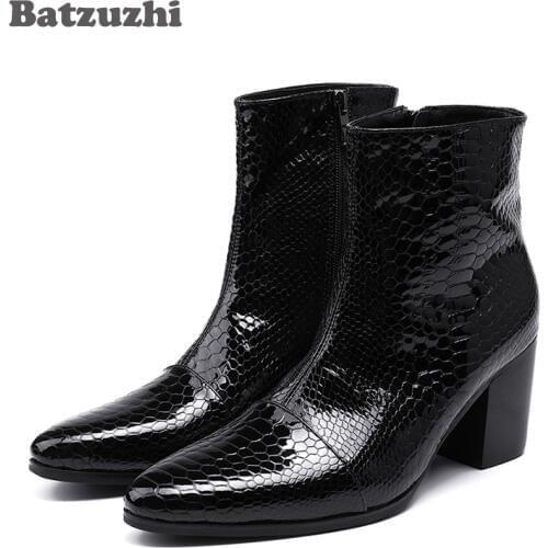 Batzuzhi Men Boots 7CM Heels Height Genuine Leather Boots Men Black Pointed Toe Party & Wedding Fashion Boots for Men Botas, 46