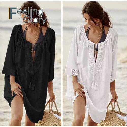 White Shirt Women Lace Mesh Bikini Long Cover Up Beach Sunscreen Cotton Tassel Tops Summer Beach Cover Boho Chic Blouse Top