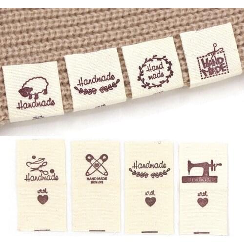 50Pcs Handmade With Love Label Cloth Tags For Knitted Hats Handmade Labels Sheep Heart Wreath Scissors Pattern Sew Accessories