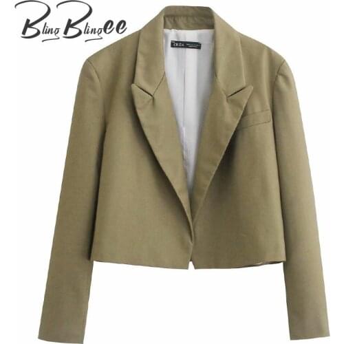 BlingBlingee Women Loose Fitting Cropped Blazer Office Lady Coat Notched Collar Long Sleeve Female Outerwear Short Jackets