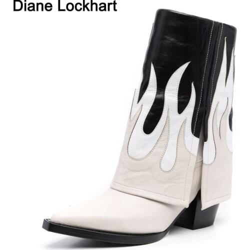 Cossacks Mixed Colors PU Leather Cowboy Ankle Boots Women Square Heel Calf Boots Pointed High Heel Booties Western Shoes Female