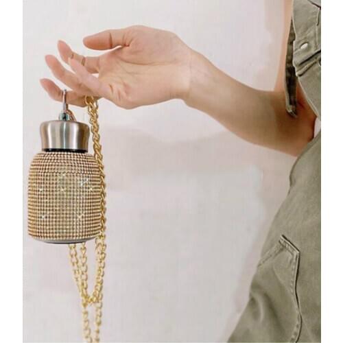 Sparkling Messenger Thermos Bottle with Chain Portable Stainless Steel Tumbler Rhinestones Flask Women Kawaii Water Bottle 220ml