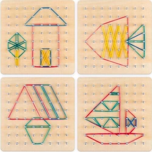 Wooden Toys Geometric Board Mathematical Manipulative Block Pattern Cards Boards With Rubber Bands Puzzle For Kids