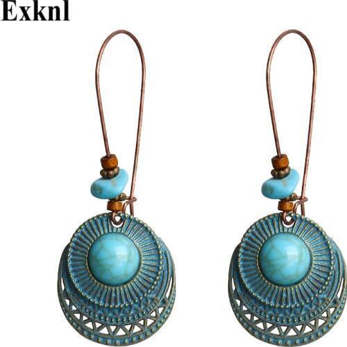 Exknl Vintage Ehtnic Dangle Drop Earrings Stone for Women 2019 Wedding Engagement Hanging Earrings Fashion Jewelry Accessories