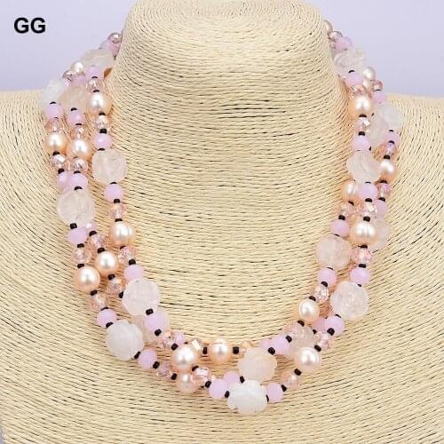GuaiGuai Jewelry Hand-Made Semi-Stone 3 Strands Natural Pink Pearl Rose Quartz Flower Crystal Necklace