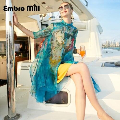 High-End Female Summer New Stand Collar Single-Breasted Half Sleeve Loose Mid-Length Silk Print Asymmetry Coat S-XL