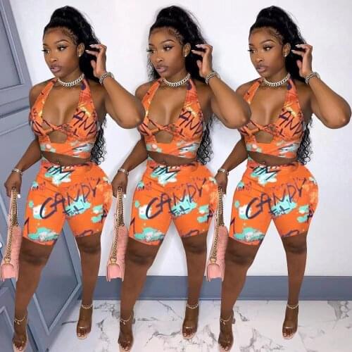 Summer Womens Ladies Sexy Print Hanging Neck Cross Hollow Two-Piece Vest Tube Top Shorts