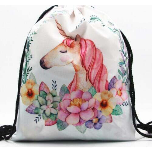 M390 2017 3D Digital Print Cartoon Unicorn Bag Drawstring Backpack Monolayer Thin Section Rope Rope Strap Opening Small Size