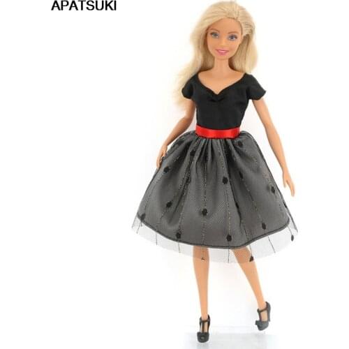 Fashion Doll Dress For Barbie Doll Clothes Black V Neck Top Gray Skirt Dresses For Barbie Dolls Outfits Accessories 1/6 Toys
