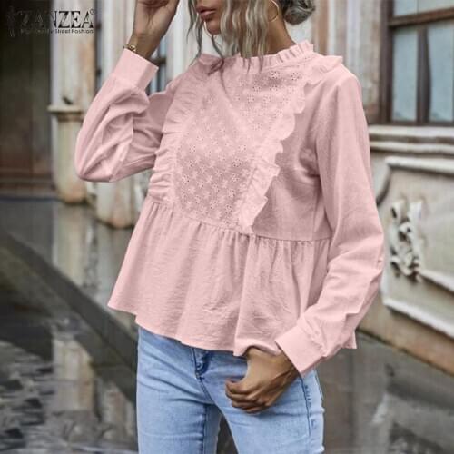 Fashion Lace Hollow Tops Women Ruffle-Trim Blouse ZANZEA 2021 Spring Long Sleeve High Waist Blusas Oversized Solid Tunic Chemise