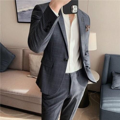 2Pieces Jacket+Pants Fashion Plaid Suit Men Clothing Simple All Match Slim Fit Wedding Dress Business Formal Wear 4XL