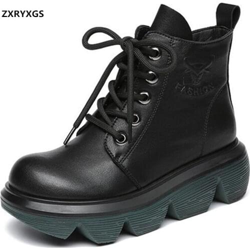 2021 New Autumn High Quality Cowhide Roman Boots Platform Shoes Woman Wedges Non-slip Martin Boots Increase Shoes Trendy Boots