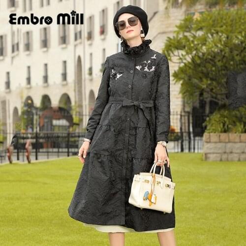 Street Style New Autumn Coat Is Popular In The Long Single-Breasted Embroidered +Belt Lady Coat S-XL