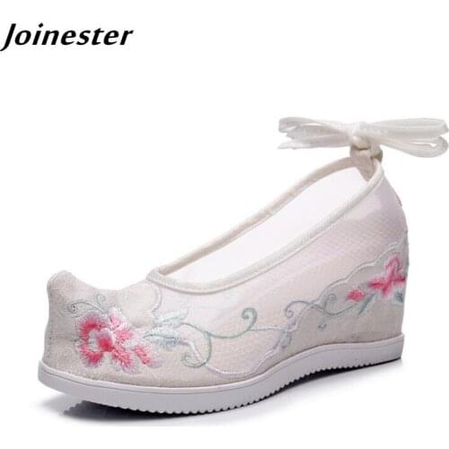 Air Mesh Ancient Chinese Cross-Tied Summer Pumps for Women Floral Embroidered Ethnic Wedge Shoes Ladies Retro Dancing Shoe