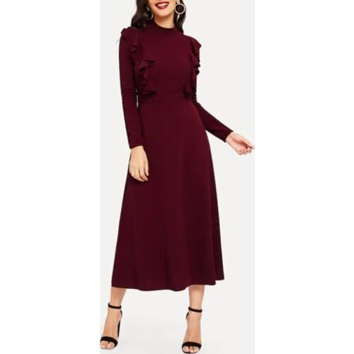 2021 Autumn Fashion New Style Amazon EBay European And American-Style Flounced Trim Plain A- line Dress Womens