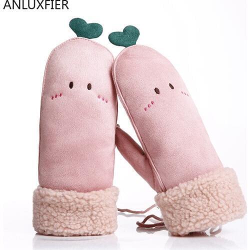 H10066 Women Gloves Ladies Winter Hang Neck Plus Velvet Suede Warm Mittens Outdoor Cycling Thermal Korean Student Cute Hand Muff
