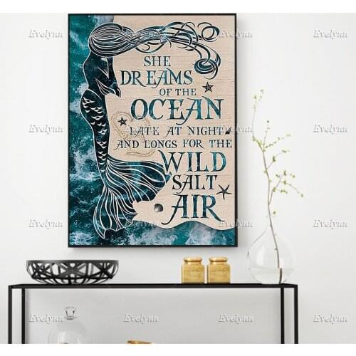 Mermaid Poster, She Dreams Of The Ocean Late At Night And Longs For The Wild Salt Air,Wall Art Prints Home Decor Canvas Gift