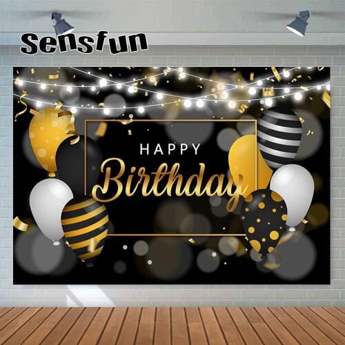 Sensfun Black Gold Theme Adult Birthday Party Photography Backdrop Balloons Light Boken Background Custom Photo Studio Photocall