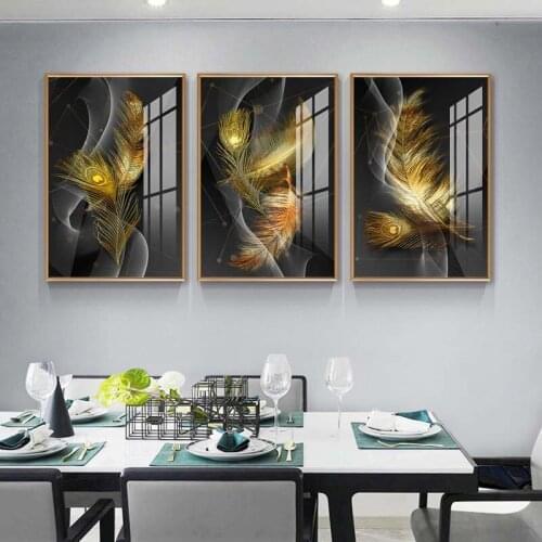 Modern Black Golden Feather Wall Art Poster Nordic Abstract Minimalist Canvas Painting Tableaux For Aisle Living Room Decor
