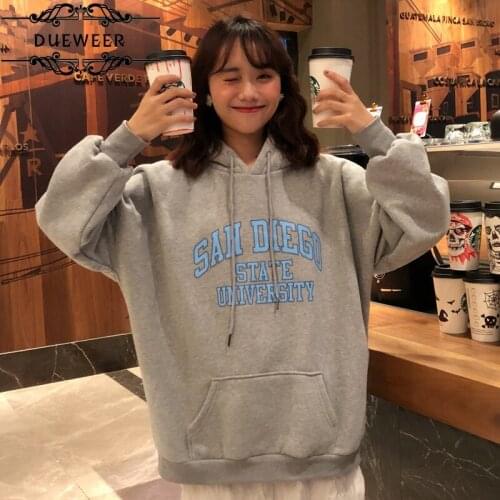 DUEWEER Hoodies Womens Tops Letter Printed Thicker Plus Velvet Warm Loose Long Sleeve Korean Style Ulzzang Chic Women Hoodie