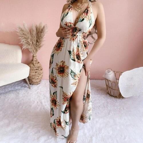 Bohemian Women Dress Deep V Neck Large Slit Hem Sunflower Print Backless Maxi Sling Dress Evening Party Long Dresses Plus Size