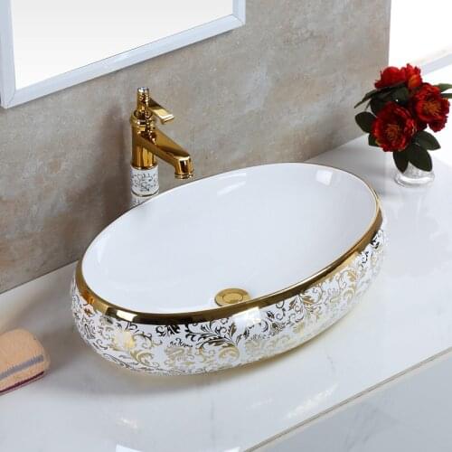 European Art Ceramic Bathroom Sink Set Above Counter Washbasin Sink Countertop Sink Golden Bath Vessel Sink Shampoo Sink