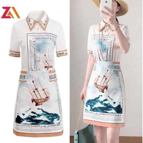ZALady Summer Office OL Short Sleeve Blouse Mini Skirts Suits Vintage Printed Plus Size Retro Elegant Two Piece Set Outfits Robe