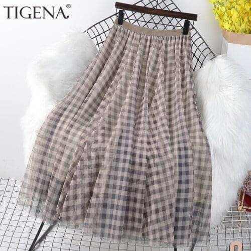TIGENA Vintage Contrast Plaid Tulle Long Skirt Women Fashion 2021 Summer Elegant A Line High Waist Checked Skirt Female School