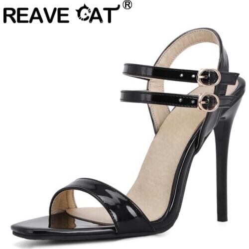 REAVE CAT New 2021 Women Sandals Open Toe 11cm Thin Heels Patent Leather Buckle Concise Sexy Stylish Big Size 48 Casual A3929