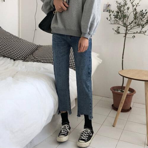 Woman Jeans Pants Autumn Leisure Washed Irregular Cropped Jeans High Waist Baggy Straight Trousers Pantalones Vaqueros Mujer