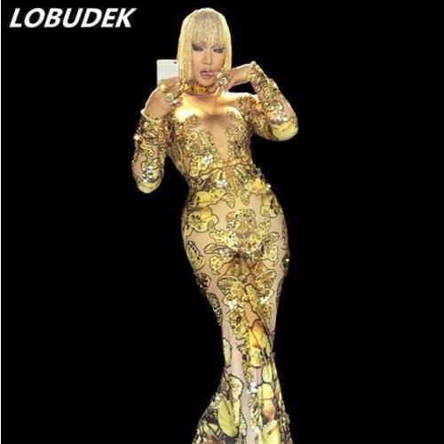 Golden yellow Crystals bell-bottomed Jumpsuits Female costumes DJ DS show sexy Rompers Bar singer dancer performance clothing