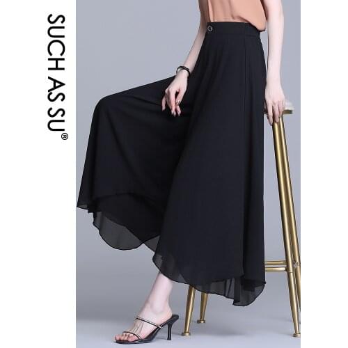 WomenS Summer Skirts 2021 Chiffon Asymmetry Elastic High Waist Fashion Female Black Wide Leg Pants S-XXXL Plus Size Culottes