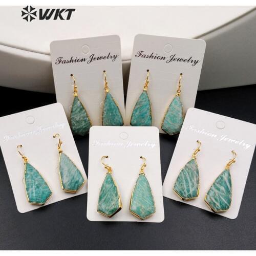 WT-E343 Wholesale natural green stone earrings with 24K gold trim arrow shaped earrings jewelry for women
