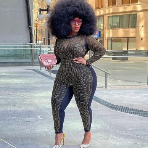 ZJFZML ZZ Women Clothing Jumpsuit Plus Size Sheer Mesh Rhinestones Spliced Long Sleeve Bodycon Rompers Dropshipping Wholesale