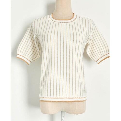 High Quality Spring Summer 2020 New Women Lurex Striped Round Neck Short Sleeve Knitted Top casual sweaters JC388