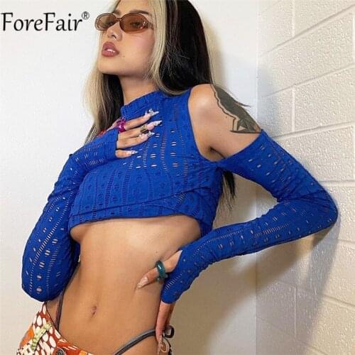 Forefair 2021 Blue Knitted Crop Top Long Sleeve O Neck Sexy Off Shoulder Tee Fashion Autumn Summer Hollow Out Casual T Shirts