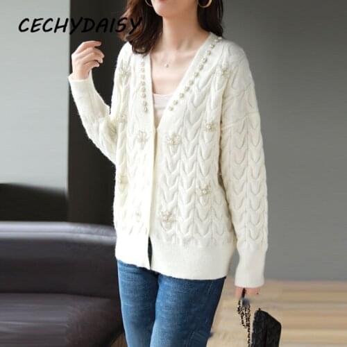 Luxury Knitted Cardigan Women Beading Vintage V-Neck Loose Casual Long Sleeve Elegant High Quality Sweater Coats Outwear Clothes