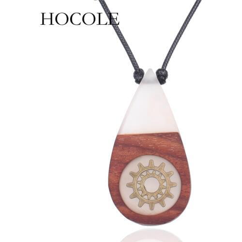 HOCOLE New Statement Water Drop Pendant Necklace Women Natural Wood Resin Long Necklaces & Pendants Men Women Jewelry Collares