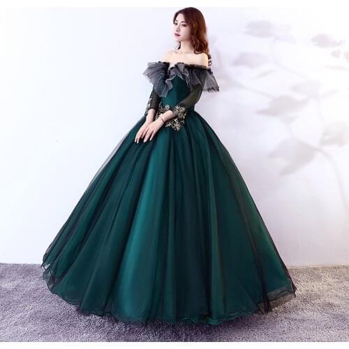 New dark green off shoulder long sleeve lady girl women princess prom banquet party performance ball dress gown free ship