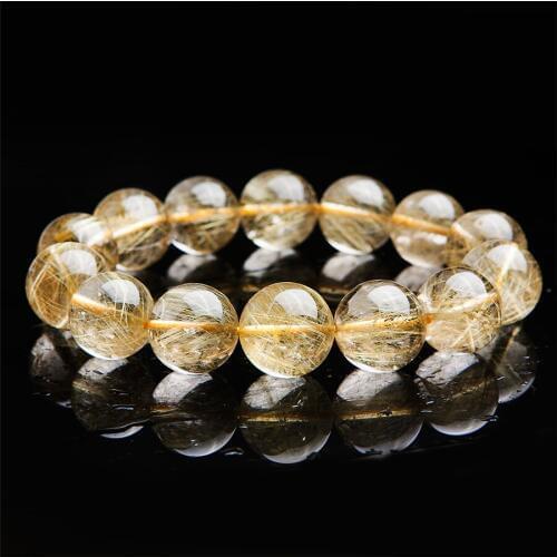 16mm Natural Golden Yellow Rutilated Quartz Crystal Bracelets For Women Men Stretch Charm Big Round Bead Bracelet