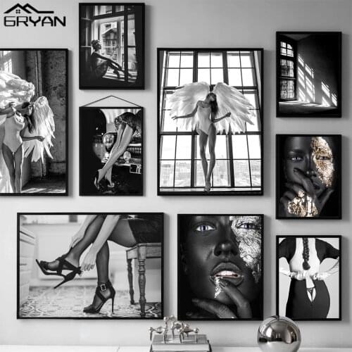Black White Angel Wings Fashion Poster Golden Silver Woman Canvas Print Painting Brigitte Bardot Girl Vintage Picture Home Decor