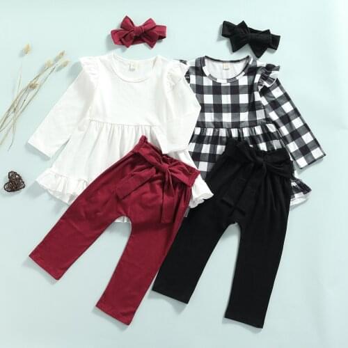 Ma&baby 1-6y Christmas Kid Baby Girls Clothes Set Ruffles Long Sleeve Plaid Tops Bow Pants Outfits Xmas Clothing