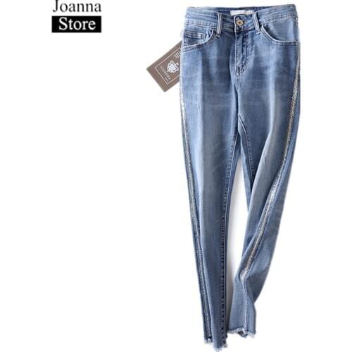 Spring Shiny Diamond Stitching Denim Pants Women Mid Waist Slim Nine Points Jeans Summer Blue Plus Size Casual Trousers Female