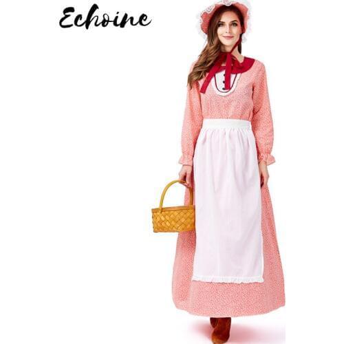 Echoine California Farm Apron Maid Cosplay Costume Women Red Long Sleeve Fancy Fairy Tale Idyllic Stage Dresses Hat+Apron