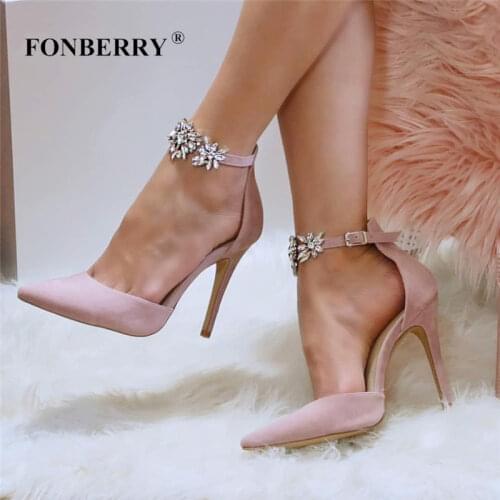 Elegant Rhinestone High Heels Women Pumps Silk Pointed Toe Wedding Shoes Women Buckle Strap Crystal Party Shoes Women SWB0025